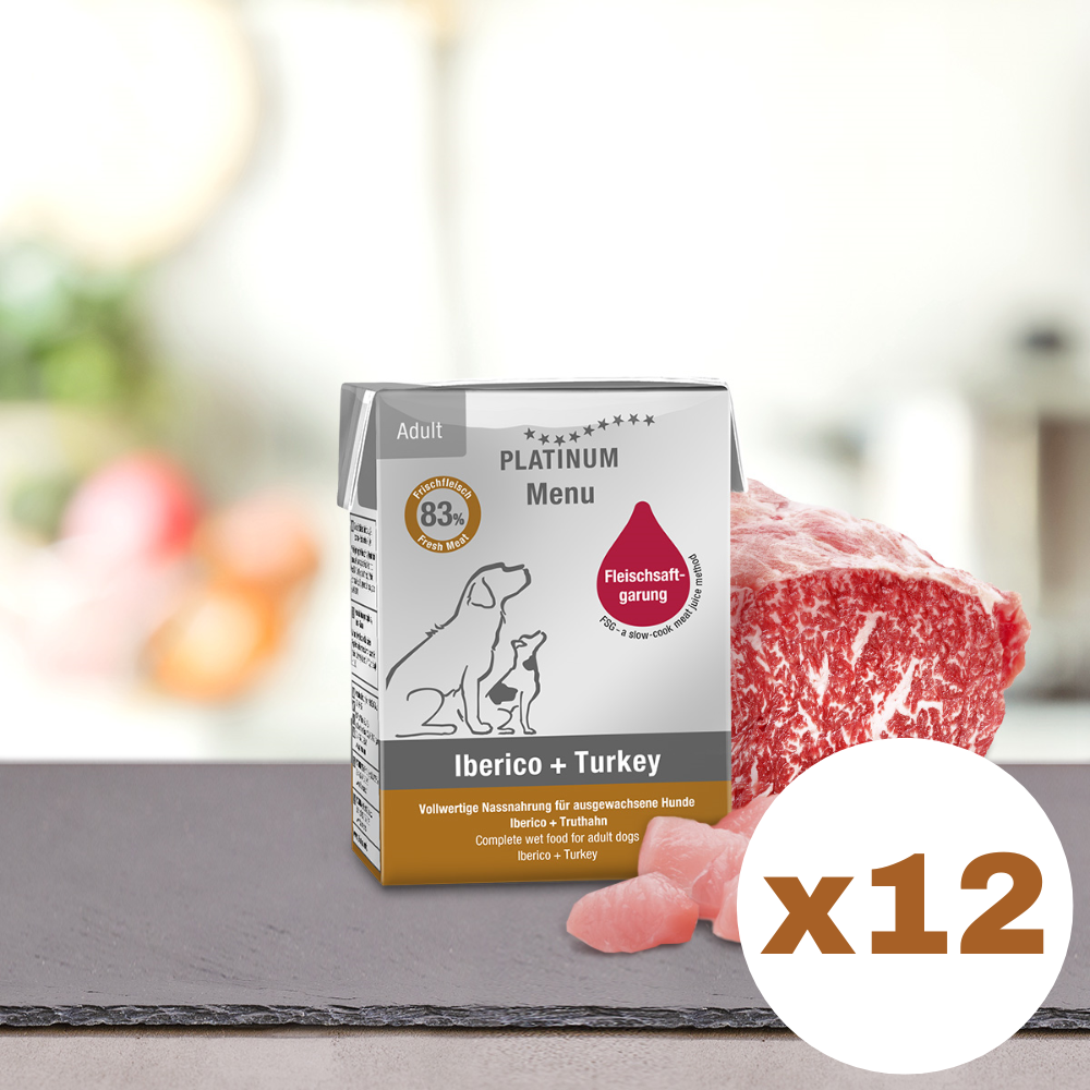 PLATINUM Menu Adult, Porc Iberic si Curcan, Bax Hrana Umeda Pentru Caini, 12x185g