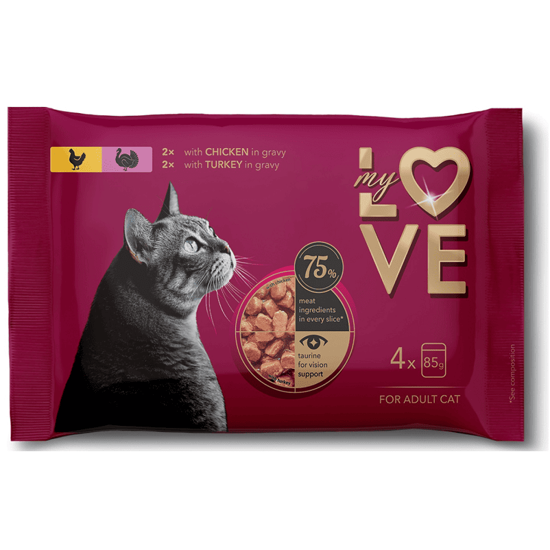 MY LOVE CAT Set Hrană Umedă pentru Pisici Adulte cu Pui si Curcan, 4x85 g | Bucătele în Sos