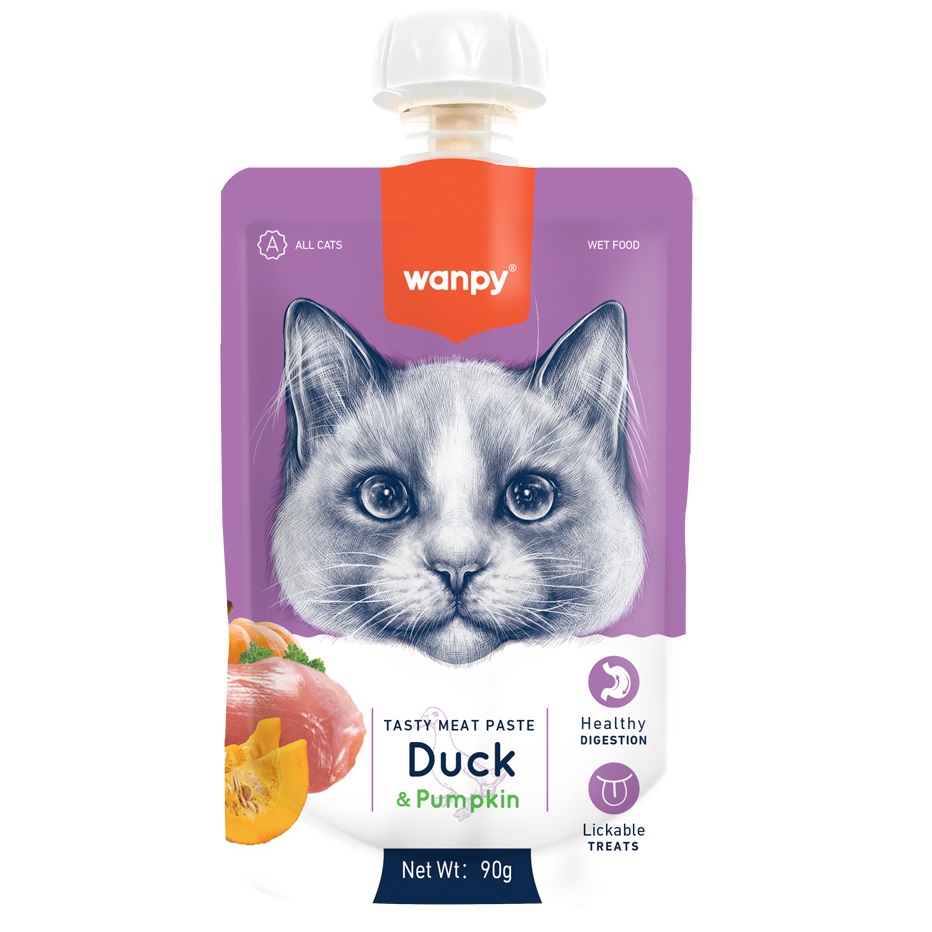 WANPY Tasty Meat Paste Duck & Pumpkin, 90 g – Recompensa pentru Pisici, Pasta Cremoasa Superpremium cu Rata, Dovleac si Vitamine Esentiale