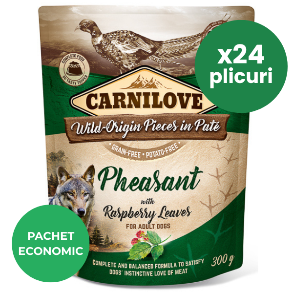 CARNILOVE Dog Pouch Pate Fazan cu Frunze de Zmeur Set 24x300 g – Hrană Umedă Fără Cereale pentru Câini, Bogată în Proteine Sălbatice și Antioxidanți Naturali