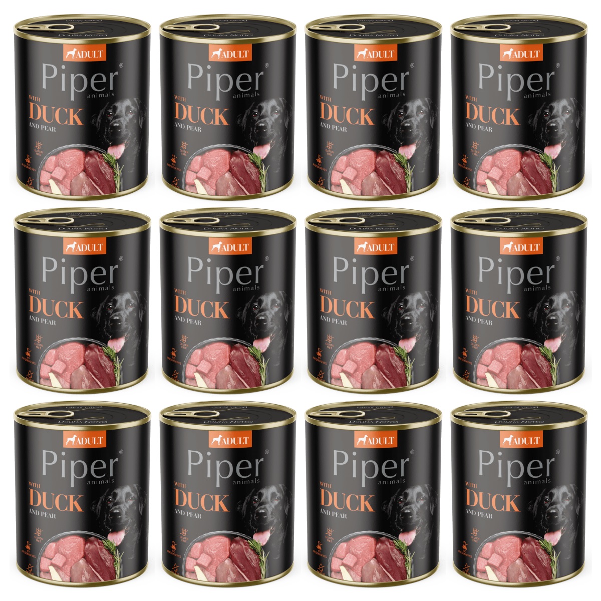 PIPER Animals, cu Rata si Pere, Set Conserve Hrana Umeda Pentru Caini, 12x800g