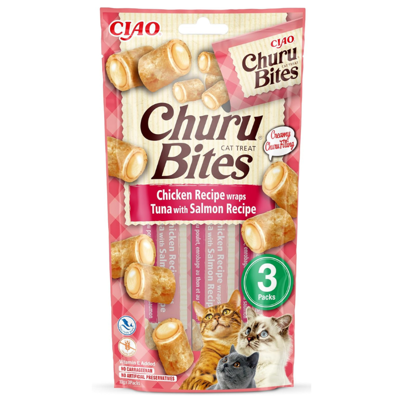 INABA Churu Bites Tuna & Salmon Recipe 3x10 g | Recompense fara Cereale pentru Pisici | Pui, Ton si Somon | Textura Moale cu Interior Cremos