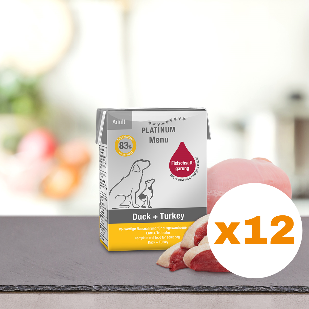 PLATINUM Menu Adult, Rata si Curcan, Bax Hrana Umeda Pentru Caini 12x185g