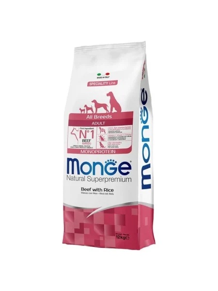 MONGE Natural Monoprotein Adult, Vita si Orez, Hrana Uscata Monoproteica Caine, 12kg