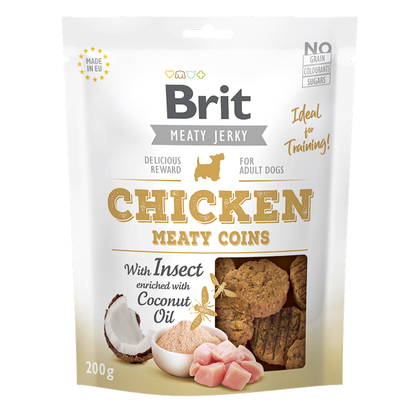 BRIT Jerky Chicken with Insect Meaty Coins 200 g – Recompense Naturale Fara Cereale pentru Caini, cu Carne de Pui si Proteine din Insecte