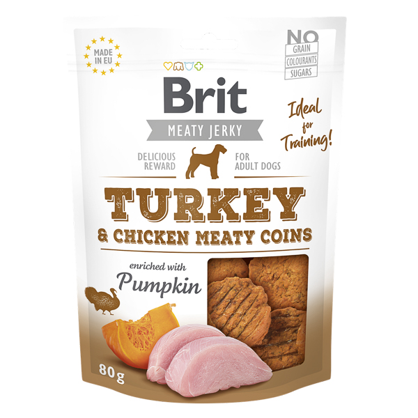 BRIT Jerky Turkey Meaty Coins 80 g – Recompense Naturale Fara Cereale pentru Caini, cu Carne de Curcan, Gust Delicios si Proteine de Calitate