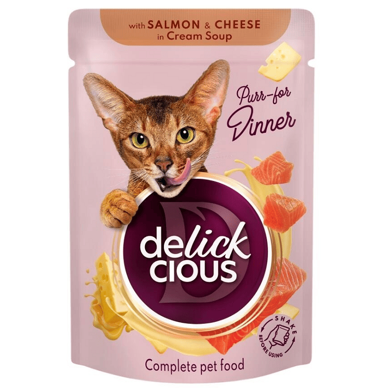 DELICKCIOUS Cat Fâșii de Somon și Brânză în Supă Cremoasă 85 g | Hrană Umedă Completă pentru Pisici Adulte