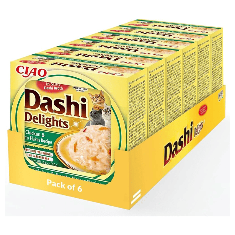 CIAO Dashi Delights Pui si Bonito Multipack 6x70 g | Hrana Umeda Complementara pentru Pisici | Bucatele de Carne in Supa Dashi, Delicioasa si Sanatoasa, Fara Cereale