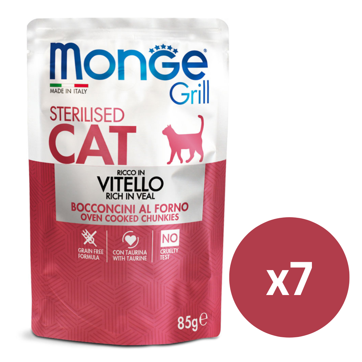 MONGE Grill Sterilized Cat, cu Vitel, Set Plicuri Hrana Umeda Fara Cereale Pentru Pisici Sterilizate (bucatele carne in aspic), 7x85g