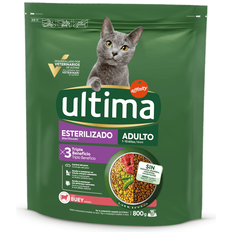 ULTIMA Cat Sterilized Adult Vită 800 g | Hrană Uscată pentru Pisici Adulte Sterilizate | Suport pentru Controlul Greutăţii şi Vitalitate