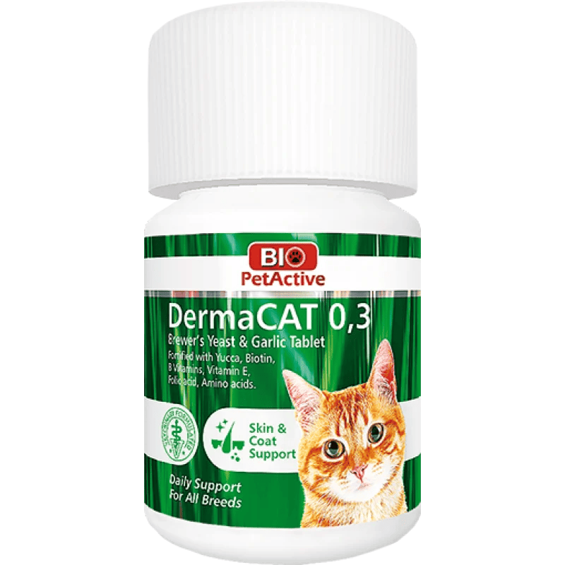 BIO PetActive DermaCAT 0.3, 75 Tablete| Supliment cu Drojdie de Bere si Usturoi pentru Pisici | Suport pentru Piele, Blana si Digestie