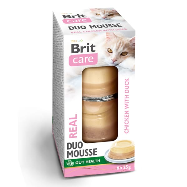 BRIT CARE Cat Duo Mousse Real cu Pui si Rata 6x25 g | Hrana Umeda Complementara pentru Pisici (pateu fin)