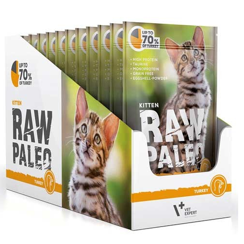 RAW PALEO Kitten, Curcan, Set Plicuri Hrana Umeda Monoproteica, Fara Cereale, Pisica Junior (pateu), 12x100g