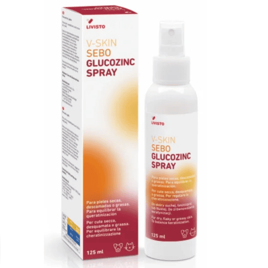 V-SKIN Sebo Glucozinc Spray 125 ml | Spray pentru Controlul Matretii, Blanii Unsuroase si a Mirosului Neplacut la Caini si Pisici