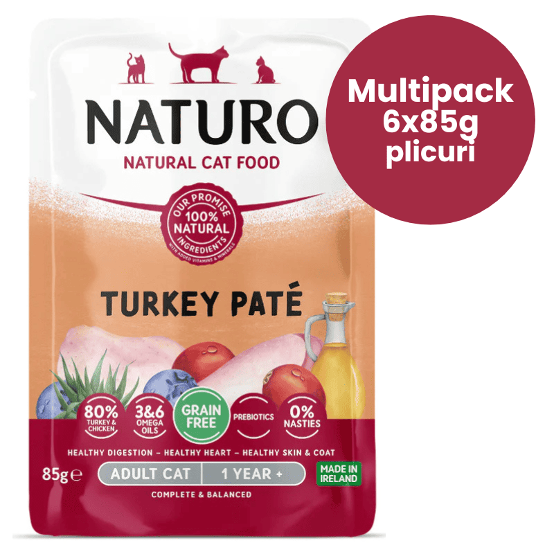 NATURO Adult Cat Grain Free Pate cu Curcan si Pui Multipack 6x85 g | Hrana Umeda Completa fara Cereale 100% Naturala pentru Pisici Adulte