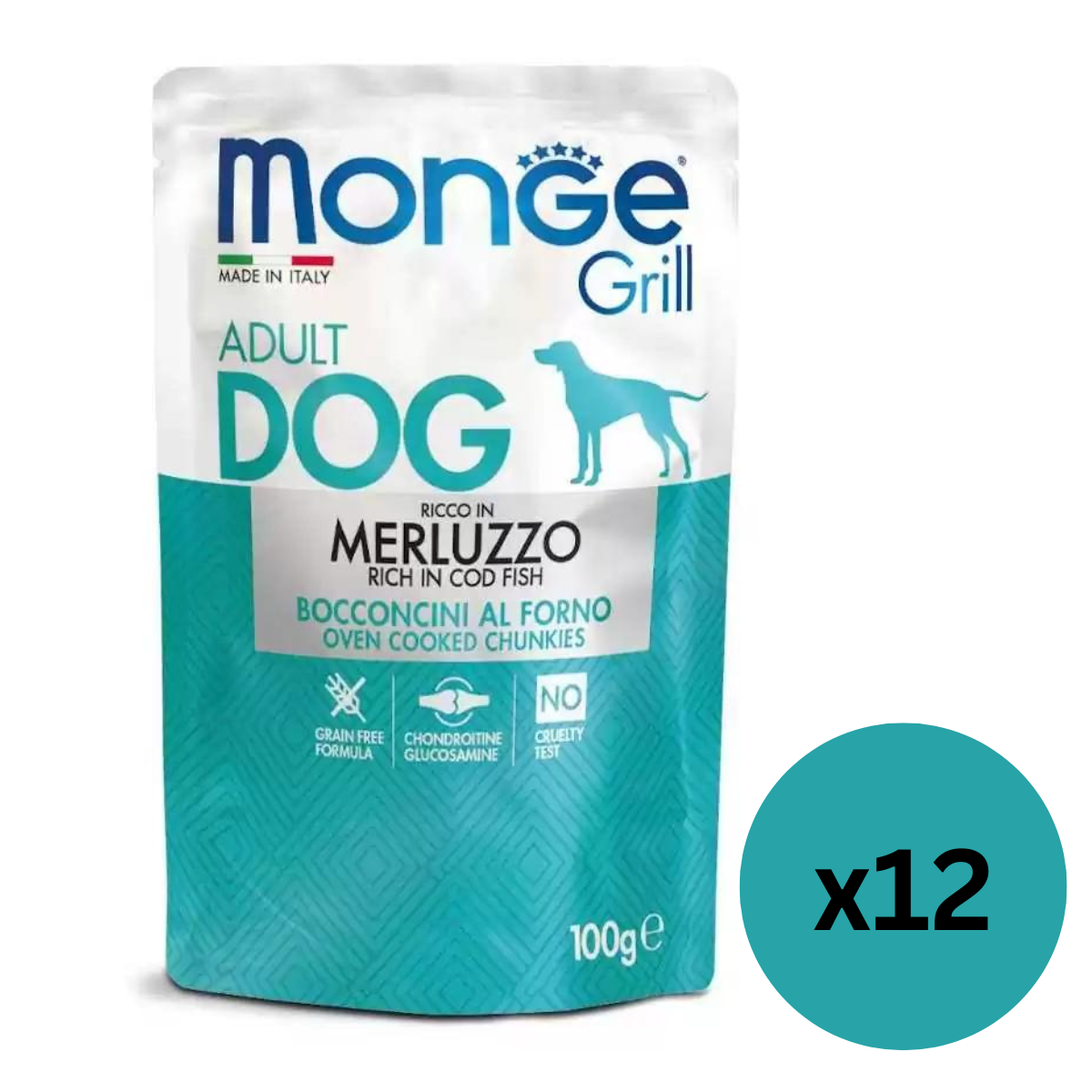 MONGE Dog Grill, cu Cod, Set Plicuri Hrana Umeda Fara Cereale Pentru Caini, 12x100g