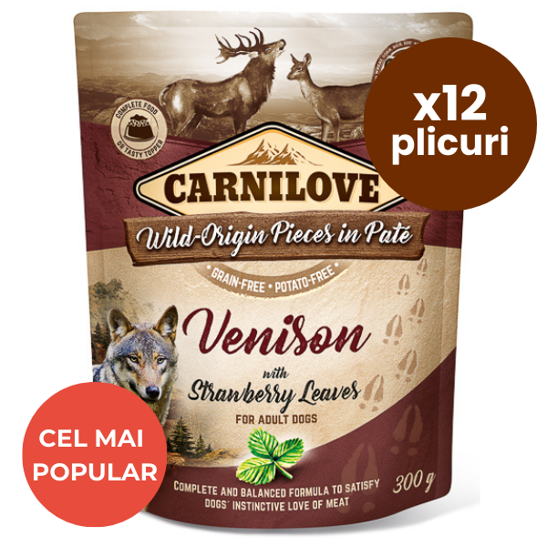 CARNILOVE Dog Pouch Pate Vânat cu Frunze de Căpșun Set 12x300 g – Hrană Umedă Fără Cereale pentru Câini, Proteine Sălbatice și Antioxidanți Naturali