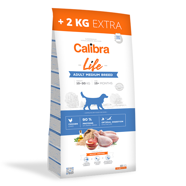 CALIBRA Dog Life Adult Medium Breed, cu Pui – Hrană Uscata Superpremium pentru Câini Adulți de Talie Medie, 12kg + 2kg Gratis