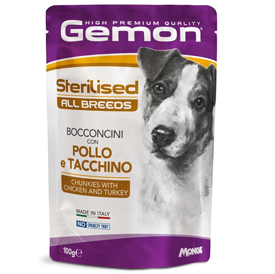 GEMON All Breeds Dog Sterilised cu Pui și Curcan – Plic Hrană Umedă Premium pentru Câini Adulți Sterilizați, Bucăți în Aspic, 100g