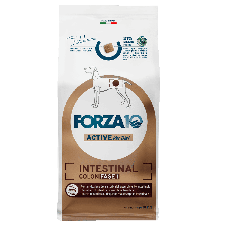 FORZA10 Active Vet Diet Intestinal Colon Fase 1, Dietă Uscata Monoproteică, cu Peste pentru Câini cu Colită Acuta sau Tulburări ale Pancreasului Exocrin, 10 kg