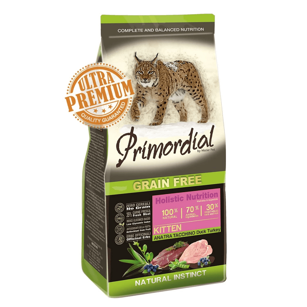 PRIMORDIAL Grain-Free Holistic Kitten Rata si Curcan 400 g | Hrana Uscata Fara Cereale pentru Pui de Pisica | Dezvoltare Sanatoasa si Imunitate Puternica