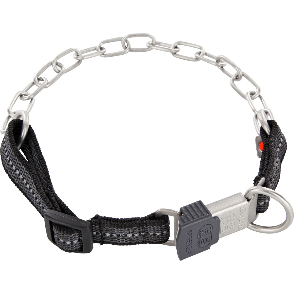HERMANN SPRENGER Zgarda Ajustabila, Otel Inox Mat, Chinga Textila Reflectorizanta Neagra si Inchizatoare cu Eliberare Rapida ClickLock, 50-55cm