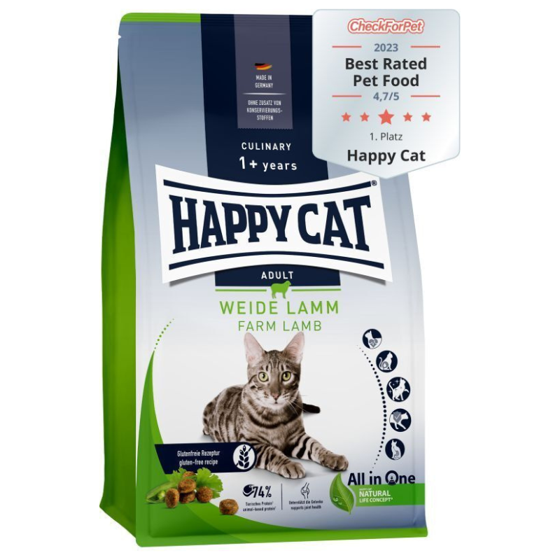 HAPPY CAT Culinary Adult Farm Lamb cu Miel și Mazăre – Hrană Uscată Premium fără Gluten pentru Pisici Adulte, Ușor Digerabilă – 10 kg