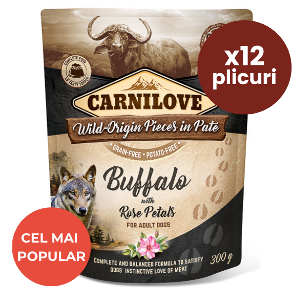 CARNILOVE Dog Pouch Pate Bivol cu Petale de Trandafir Set 12x300 g – Hrană Umedă Fără Cereale pentru Câini, Proteine Premium și Antioxidanți Naturali