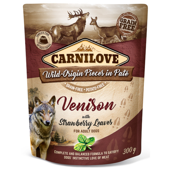CARNILOVE Dog Pouch Pate Vânat cu Frunze de Căpșun 300 g – Hrană Umedă Fără Cereale pentru Câini, Proteine Sălbatice și Antioxidanți Naturali