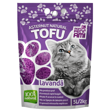 Mon Petit Ami Tofu Lavanda 5 L / 2 kg | Asternut Aglomerant 100% Natural din Fibre Organice Biodegradabile pentru Pisici | Absorbant, Fara Praf si cu Parfum de Lavanda