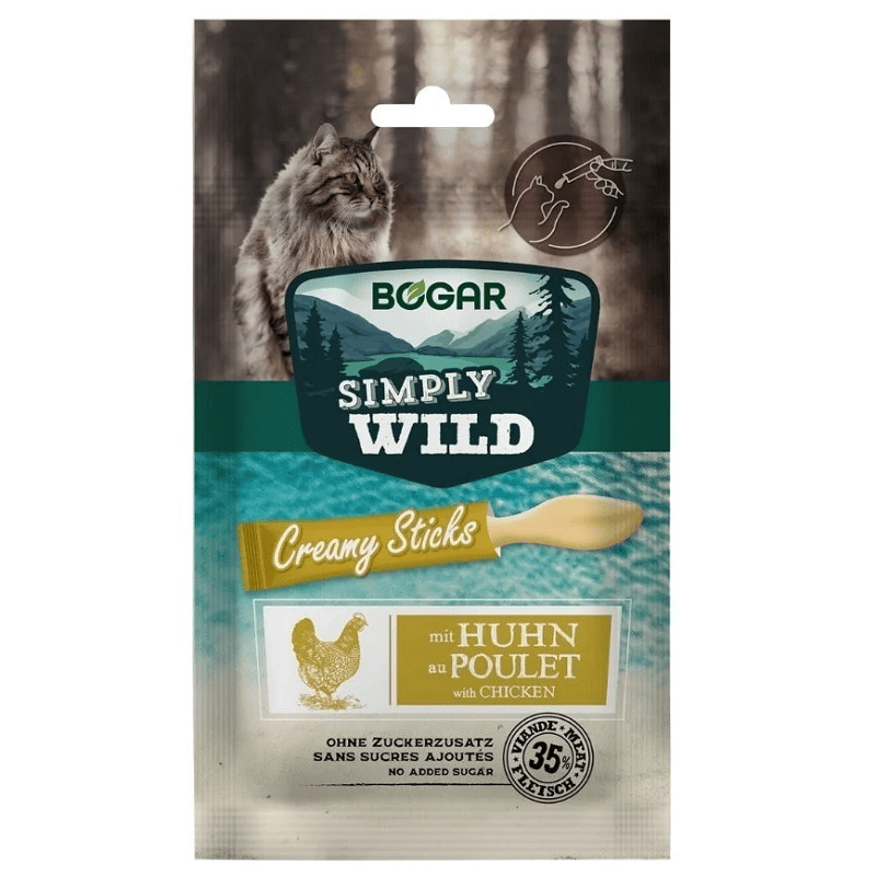 BOGAR Simply Wild Creamy Sticks Pui 5 x 15 g | Snack Cremos pentru Pisici cu 35% Piept de Pui