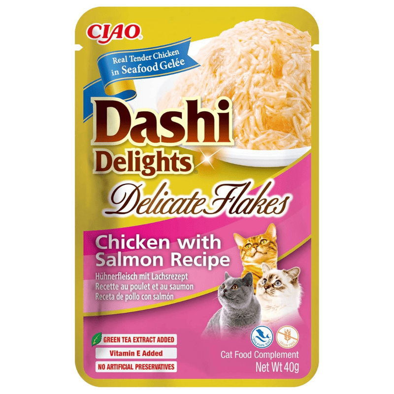 CIAO Dashi Delights Delicate Flakes Pui si Somon 40 g | Hrana Umeda Complementara pentru Pisici | Bucatele Fine, Nutritive, Sanatoase, Delicioase si Fara Cereale