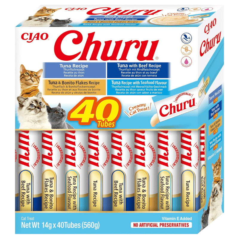 INABA Ciao Churu Creamy Sticks Tuna Variety 40x14 g | Recompense Cremoase fara Cereale pentru Pisici | cu Ton, Vita, Bonito si Fructe de Mare | Sanatoase, Hranitoare si cu Calorii Putine