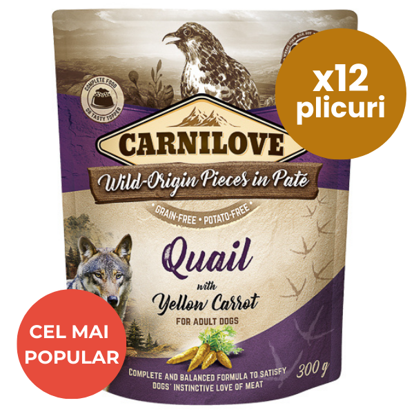 CARNILOVE Dog Pouch Pate Prepeliță cu Morcov Galben  Set 12x300 g – Hrană Umedă Fără Cereale pentru Câini, Proteine Delicate și Digestie Ușoară