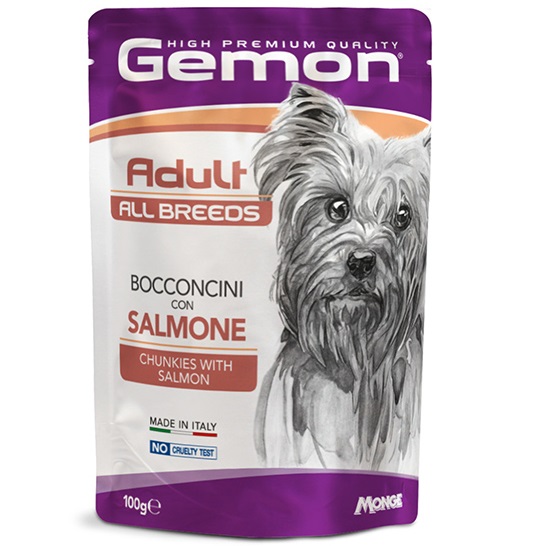 GEMON All Breeds Adult Dog cu Somon – Plic Hrană Umedă pentru Câini Adulți, (bucăți în aspic), 100g