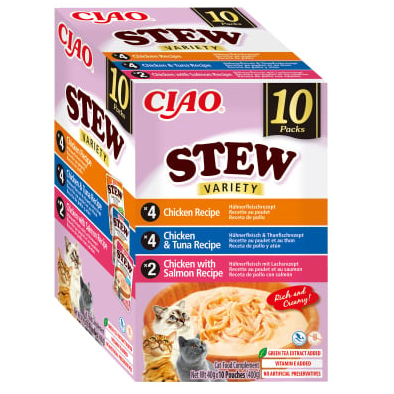 CIAO CHURU Stew Variety cu Pui, Pui si Ton, Pui si Somon 10x40 g | Hrana Umeda Complementara pentru Pisici | Delicioasa si Sanatoasa, Fara Cereale, Topping Palatabil