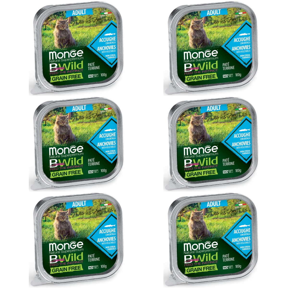 MONGE Natural BWild Adult Cat, cu Ansoa, Set Conserve Hrana Umeda Pentru Pisici (pateu fin), 6x100g