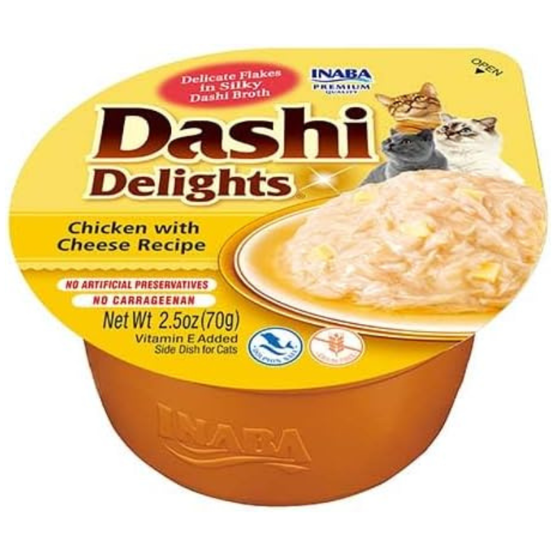 CIAO Dashi Delights Pui si Branza 70 g | Hrana Umeda Complementara pentru Pisici | Bucatele de Carne in Supa Dashi, Delicioasa si Sanatoasa, Fara Cereale