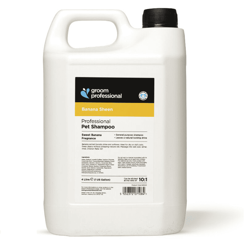 GROOM PROFESSIONAL Banana Sheen Shampoo 4 L | Sampon Profesional Concentrat (dilutie 10:1) cu Extract de Banana pentru Caini | Curatare Delicata, Stralucire si Catifelare