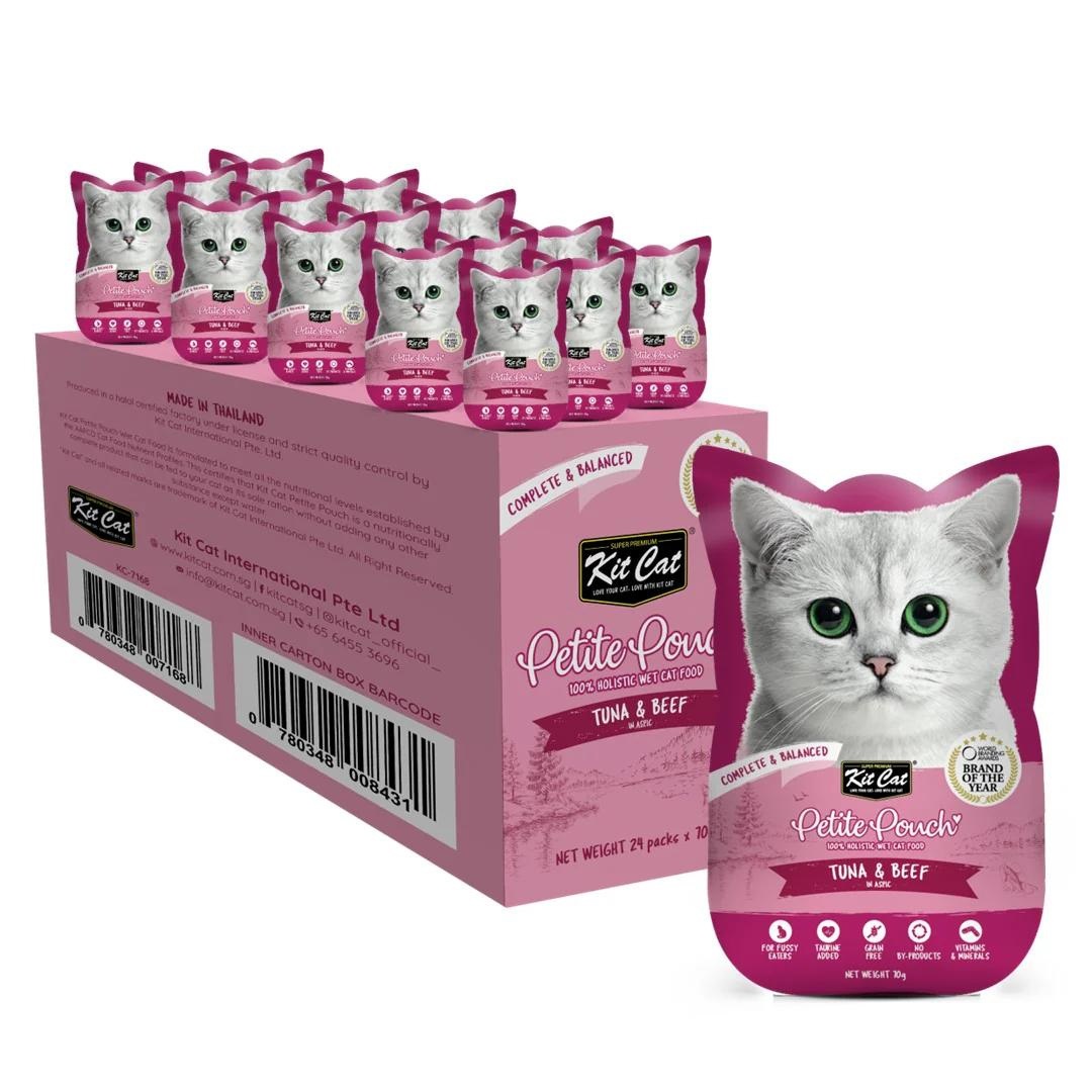 KIT CAT Petit Pouch, Bax Plicuri Hrana Umeda Pentru Pisici, Ton si Vita in Aspic, 24x70g