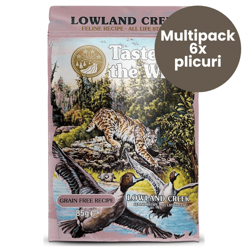 TASTE of the WILD Cat Pouch All Life Stages Lowland Creek Multipack 6x85 g | Hrana Umeda Fara Cereale pentru Pisici de Toate Varstele | Bucati de Curcan, Pui si Rata in Sos