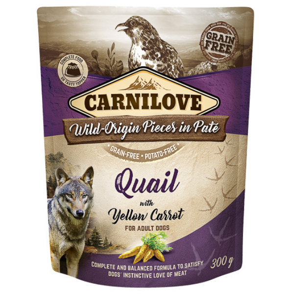 CARNILOVE Dog Pouch Pate Prepeliță cu Morcov Galben 300 g – Hrană Umedă Fără Cereale pentru Câini, Proteine Delicate și Digestie Ușoară