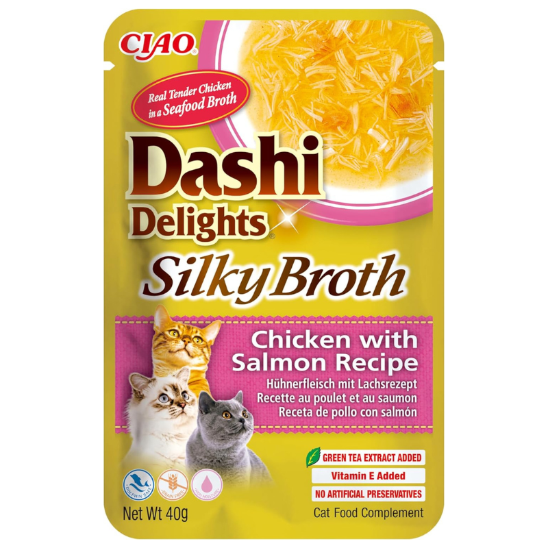 CIAO Dashi Delights Silky Broth Pui cu Somon 40 g | Hrana Umeda Complementara pentru Pisici | Supa Fina Fara Cereale, Nutritiva, Sanatoasa si Delicioasa