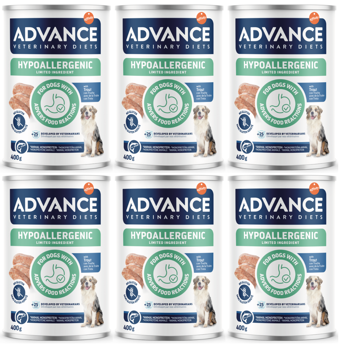 ADVANCE Veterinary Diets Dog Hypoallergenic, cu Pastrav, Set Conserve Hrana Umeda Monoproteica Pentru Caini Alergici, 6x400g