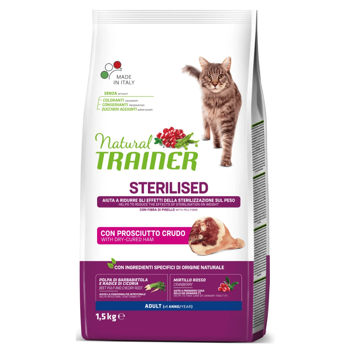 NATURAL TRAINER Cat Sterilised, cu Prosciutto Crudo, Hrana Uscata Pentru Pisici Sterilizate, 1.5kg