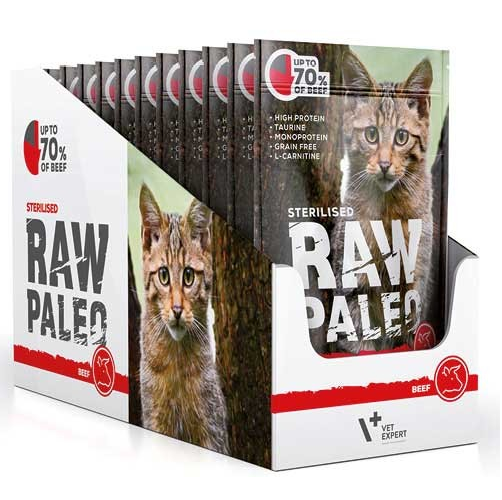 RAW PALEO Sterilised, Vita, Set Plicuri Hrana Umeda Monoproteica, Fara Cereale, Pisica Sterilizata (pateu), 12x100g