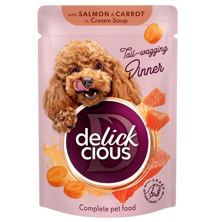 DELICKCIOUS Dog Fâsii de Somon si Morcov în Supă Cremoasă 85 g | Hrană Umedă Completă pentru Câini Adulti