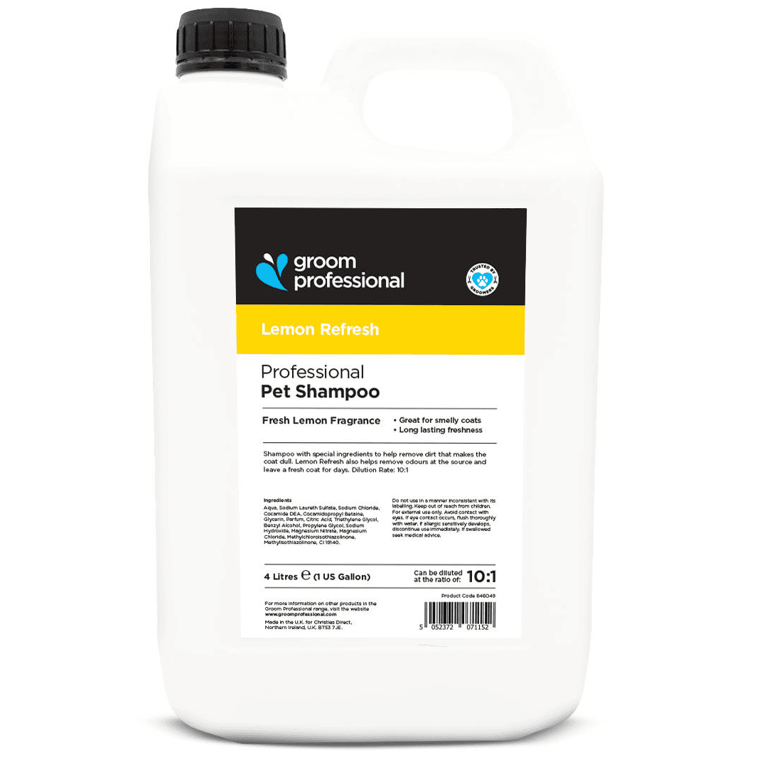 GROOM PROFESSIONAL Lemon Refresh Shampoo 4 L | Sampon Profesional Concentrat (dilutie 10:1) cu Extracte de Lamaie si Fructe pentru Caini | Curatare Profunda, Degresare si Stralucire Naturala a Blanii