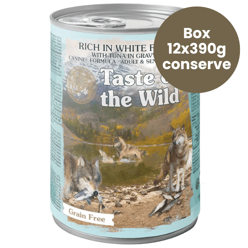TASTE of the WiILD Canine Recipe with White Fish & Tuna in Gravy Box 12x390 g | Hrana Umeda Fara Cereale pentru Caini Adulti si Seniori | cu Peste Alb, Ton si Pasare