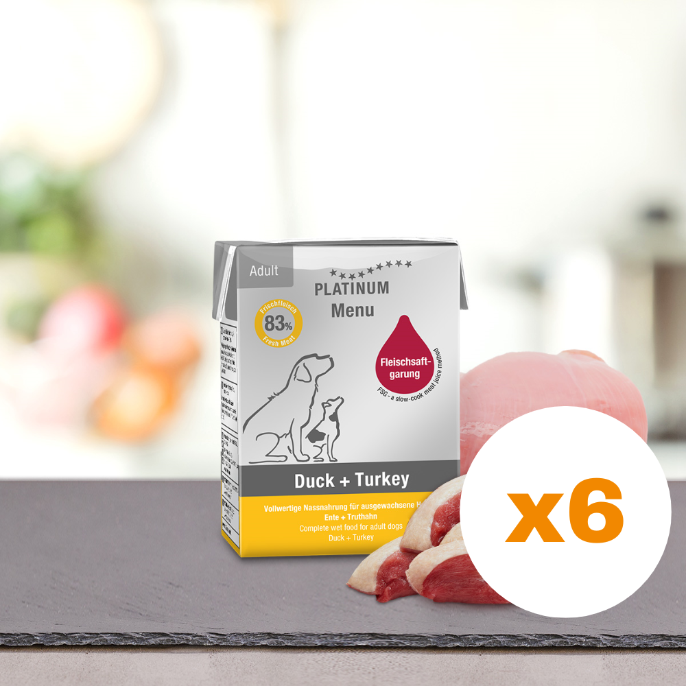 PLATINUM Menu Adult, Rata si Curcan, Bax Hrana Umeda Pentru Caini 6x185g